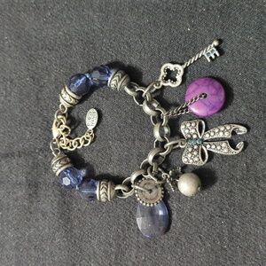 Bijoux Terner Silver Tone Blue Purple Bow Key Beaded Charm Statement Bracelet